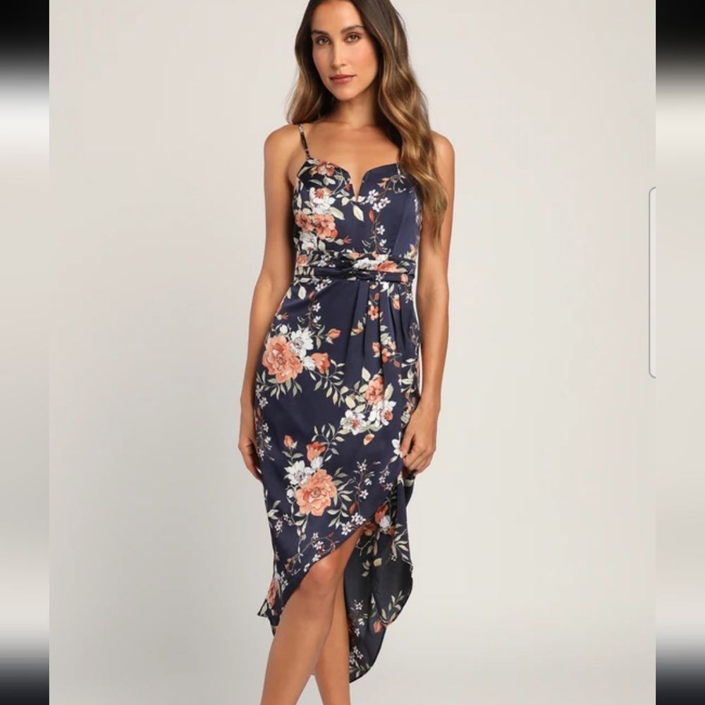 Lulu’s My Favorite Day Navy Blue Floral Print Tulip Skirt Midi Dress XS